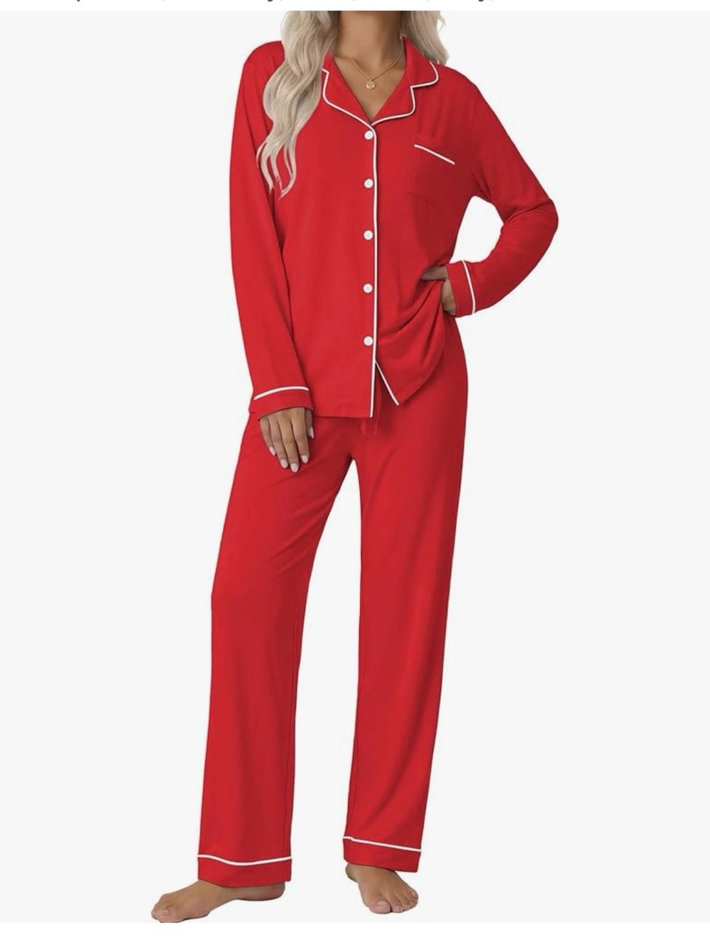 New Ekouaer Classic Red Button-Down Pajama Set - Long Sleeve & Pants - Sz Med